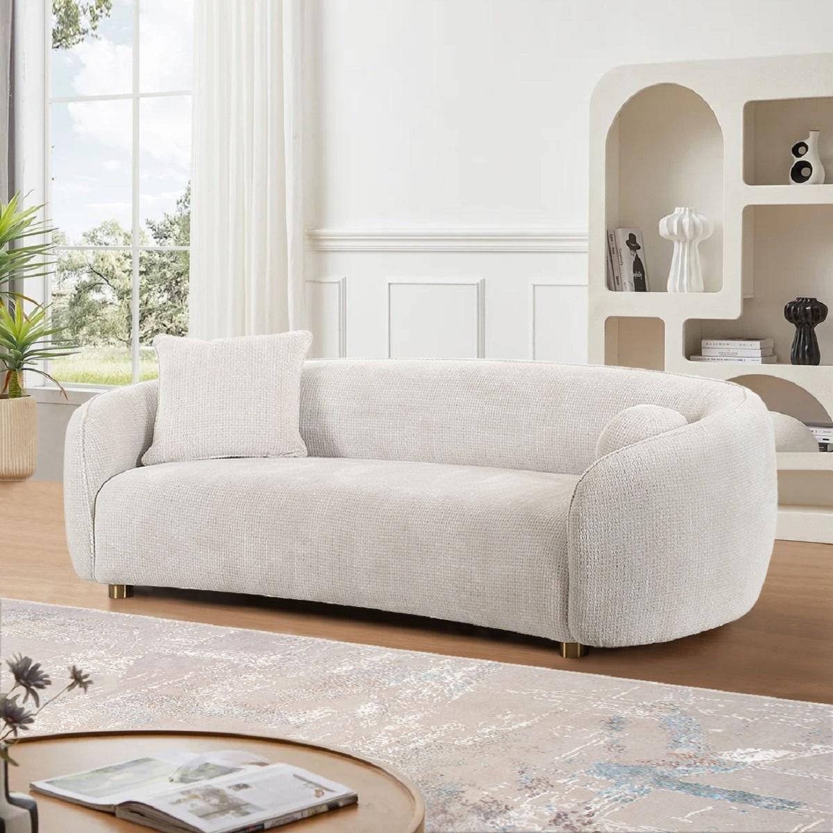 Pasargad - Zarina Upholstered Modern Loveseat with 2 Pillows in Ivory, Textured Fabric