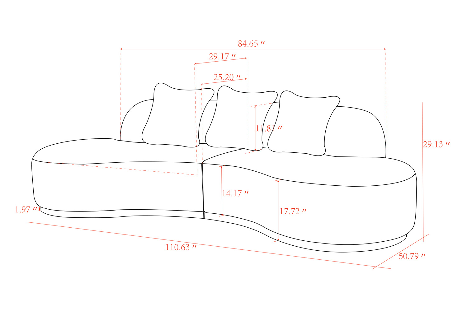 Pasargad Simona Collection Modern Curved Sofa with 3 Pillow (PZW-943W-S)