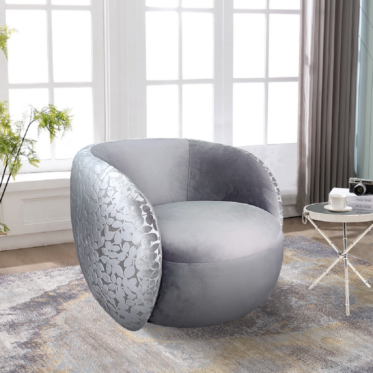 Pasargad - Allure Modern Swivel Armchair in Gray, Poly Fabric