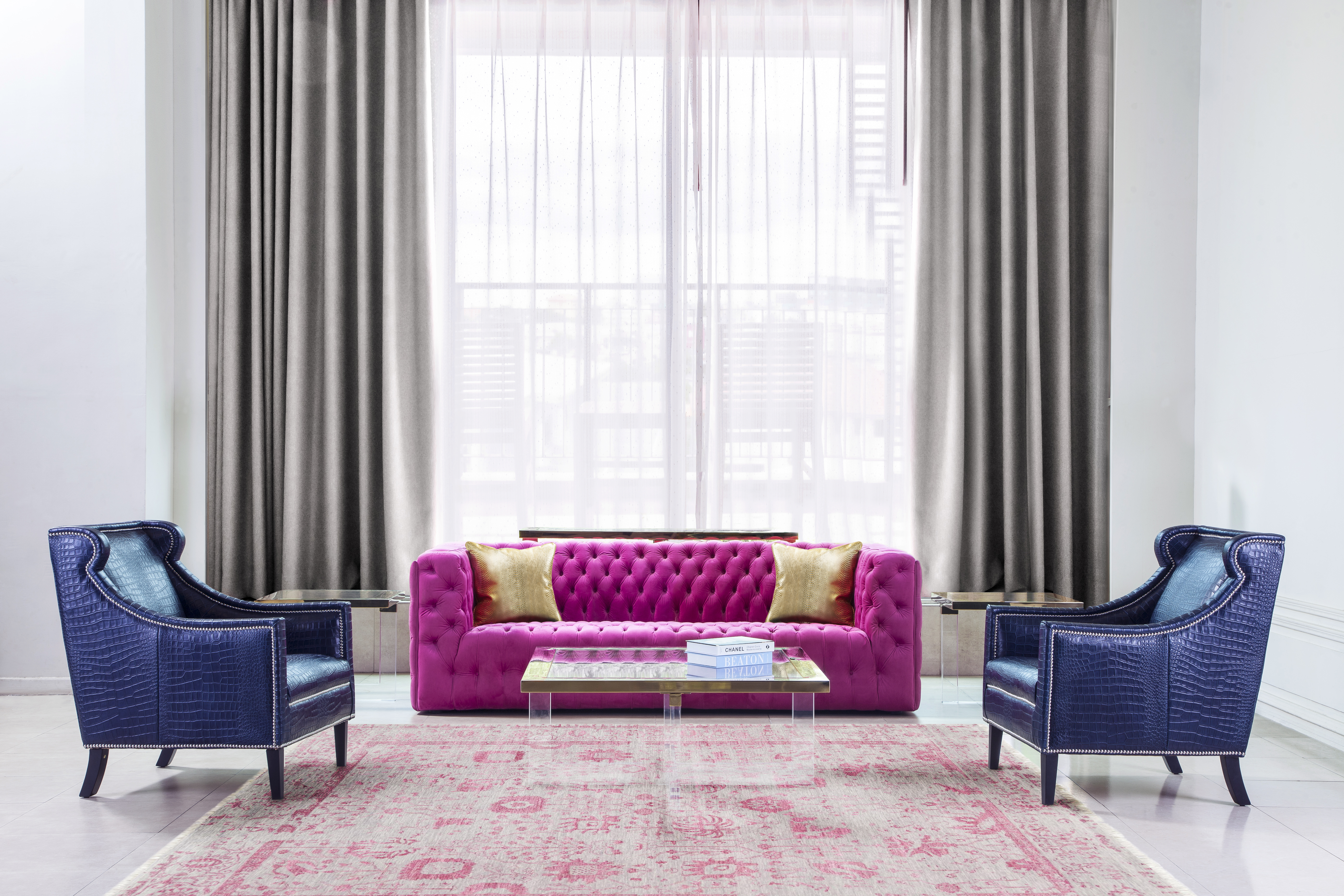 Pasargad - Vicenza Chesterfield Sofa in Fuschia, Velvet