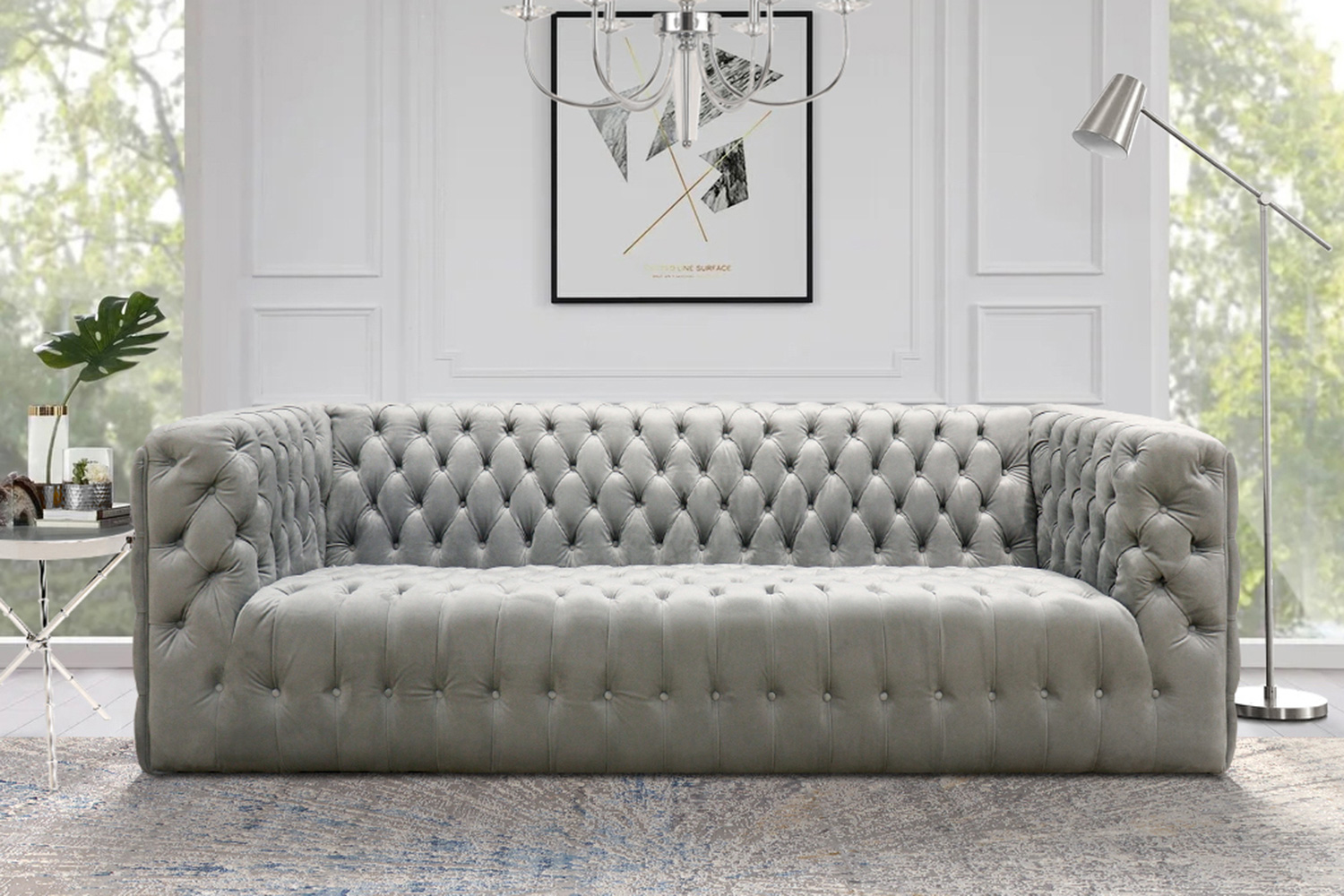 Pasargad Vicenza Collection Velvet Tufted Sofa - Silver