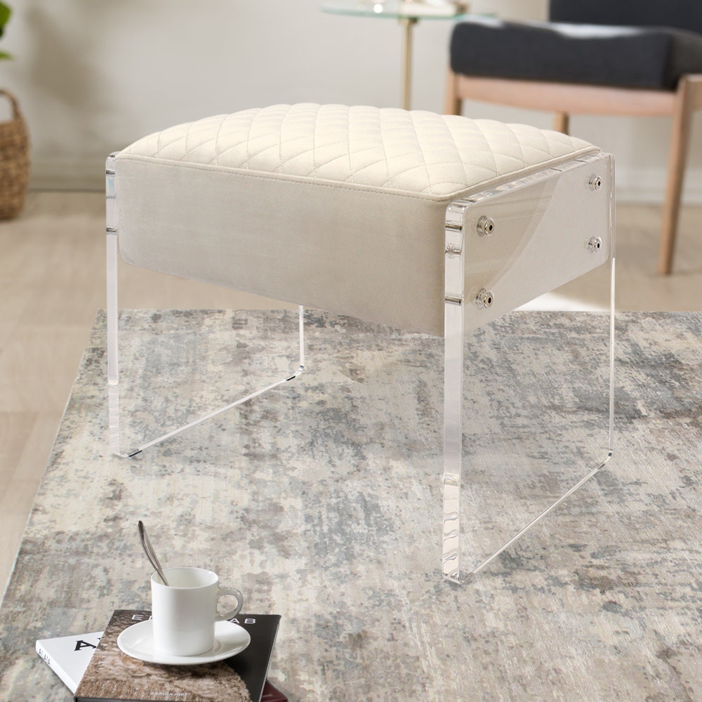 Pasargad - Tribecca Stool in Ivory/Clear, Acrylic/Velvet