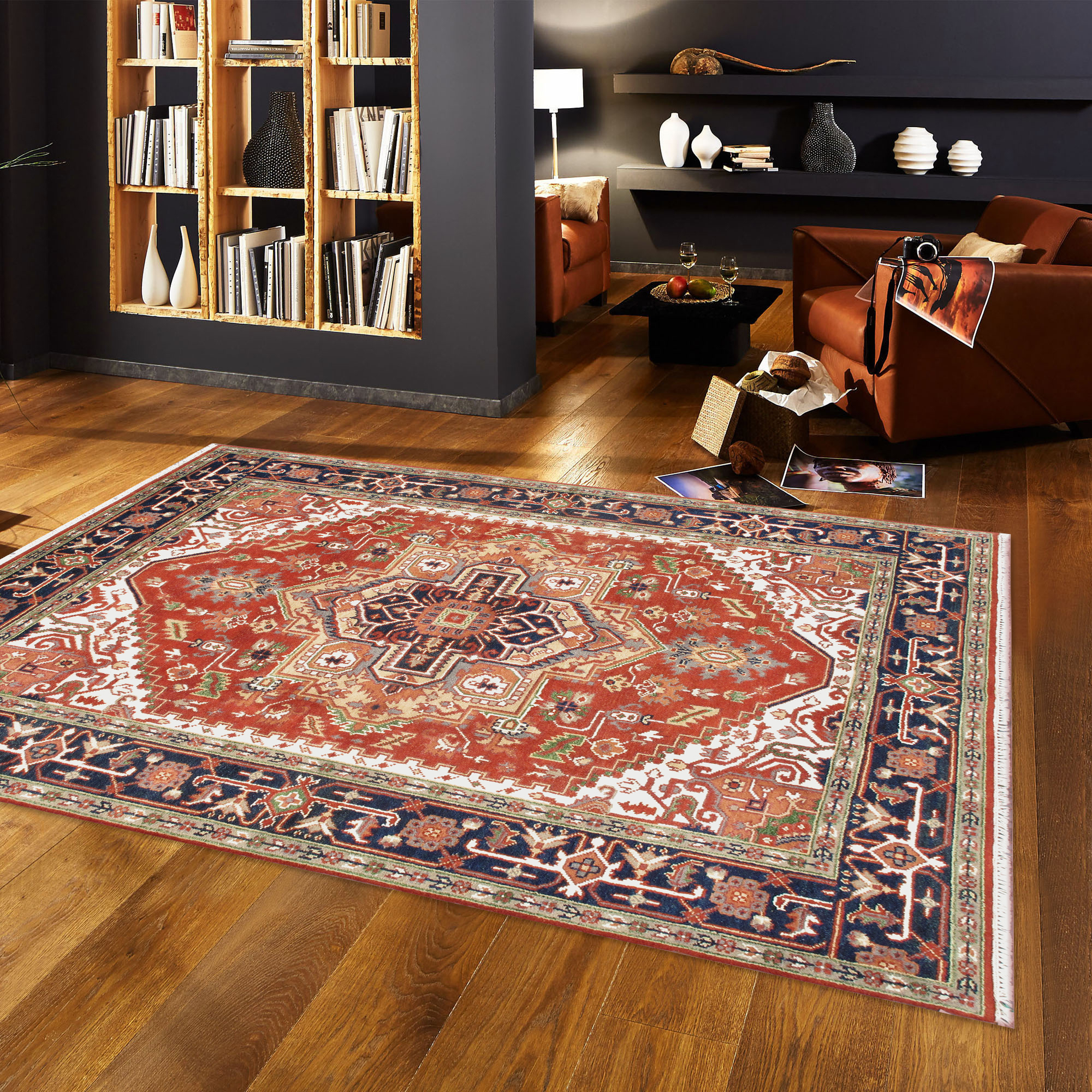 Pasargad - Serapi Collection Hand-Knotted Wool Area Rug in Rust/Navy, 93" x 122" (T-114 8x10)