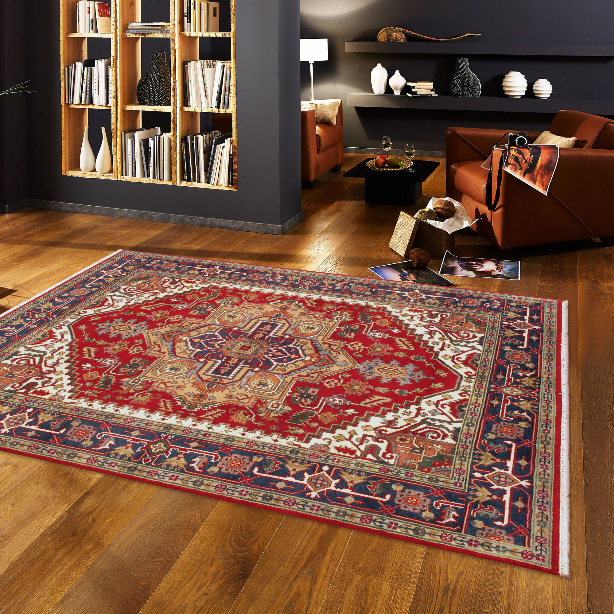 Pasargad - Serapi Collection Hand-Knotted Wool Area Rug in Red/Navy, 96" x 121" (T-116 8x10)