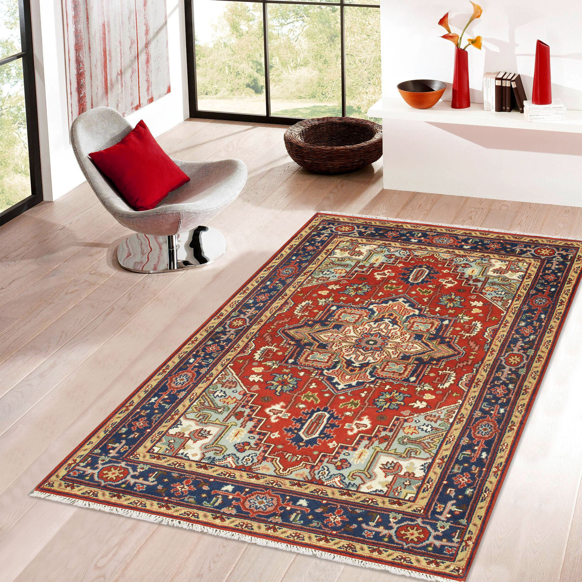 Pasargad - Serapi Collection Hand-Knotted Wool Area Rug in Rust/Navy, 60" x 91" (T-118 5x8)