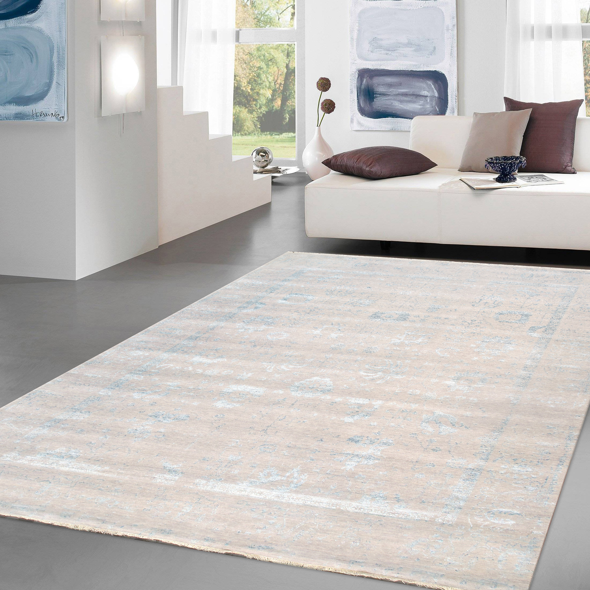 Pasargad - Transitional Collection Hand-Knotted Bamboo Silk/Wool Area Rug in Silver/Aqua, 107" x 140" (vase-3009 9x12)