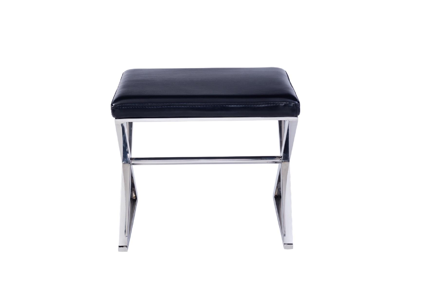 Pasargad Luxe Upholstered Bench - Black/Chrome, Faux Leather