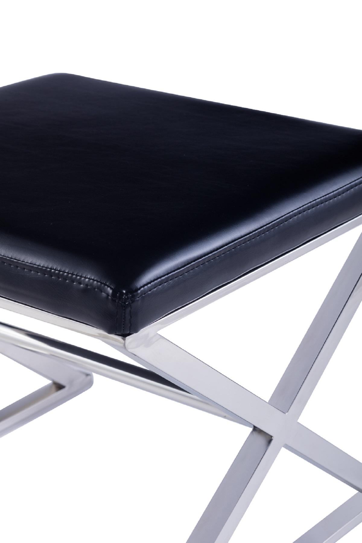 Pasargad Luxe Upholstered Bench - Black/Chrome, Faux Leather