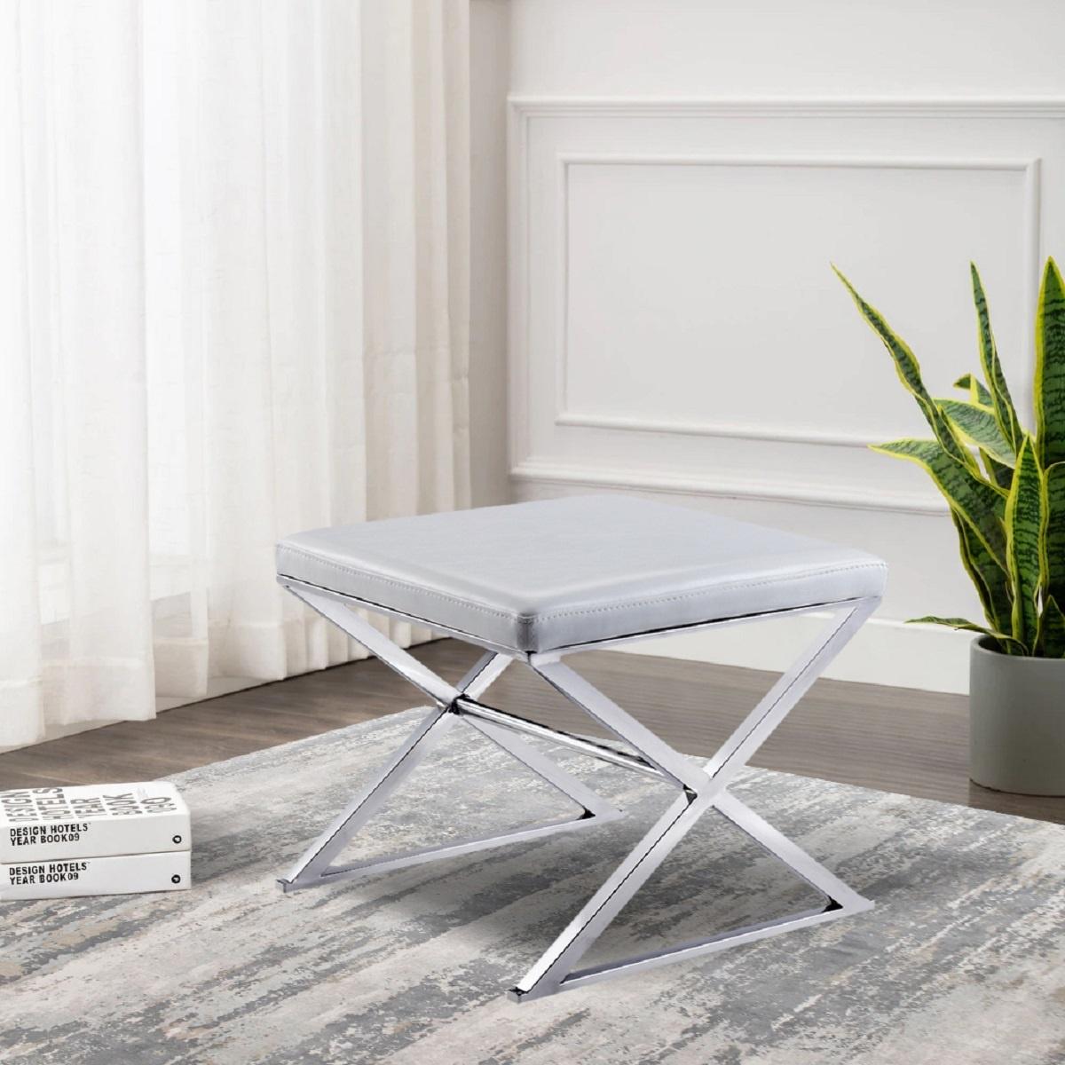 Pasargad Luxe Upholstered Bench - White/Chrome, Faux Leather