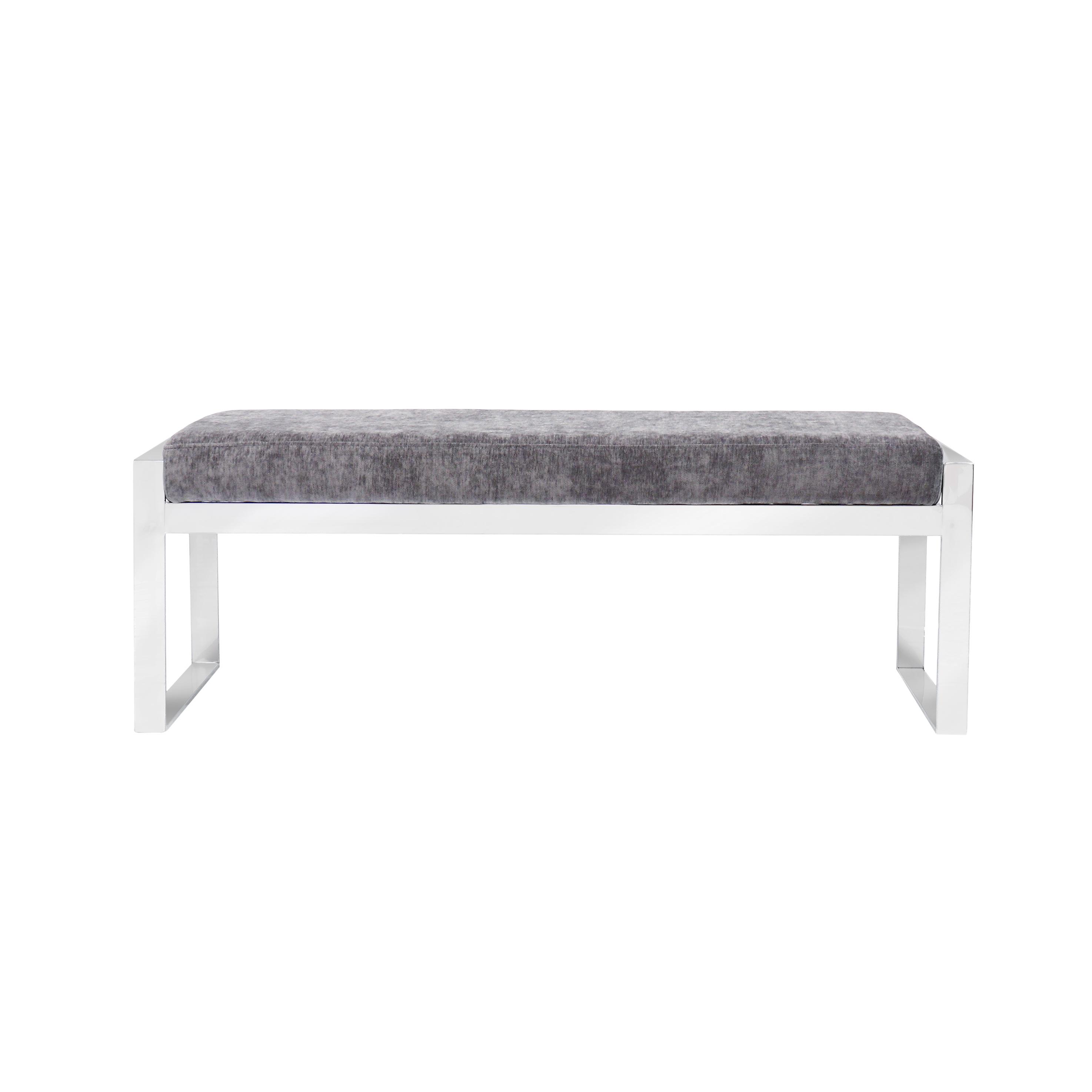 Pasargad Luxe Upholstered Bench - Gray/Chrome, Velvet/Stainless Steel