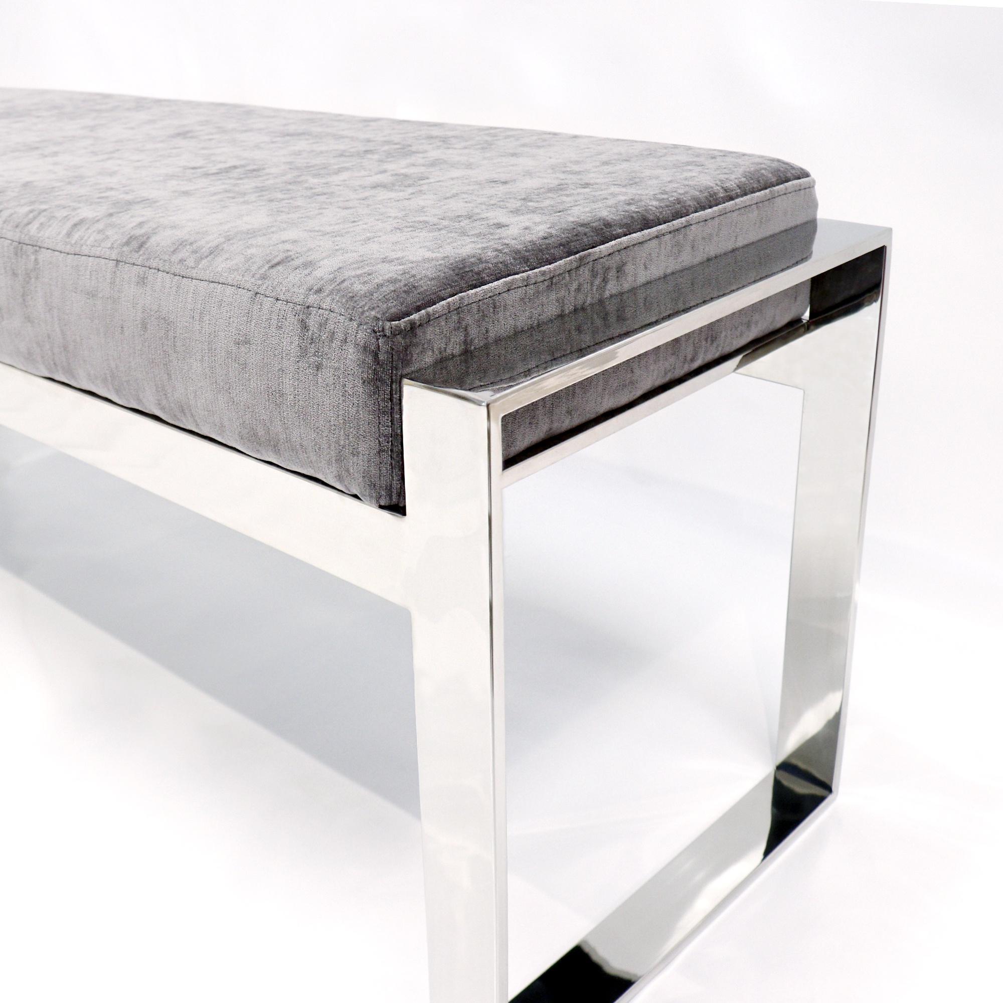 Pasargad Luxe Upholstered Bench - Gray/Chrome, Velvet/Stainless Steel