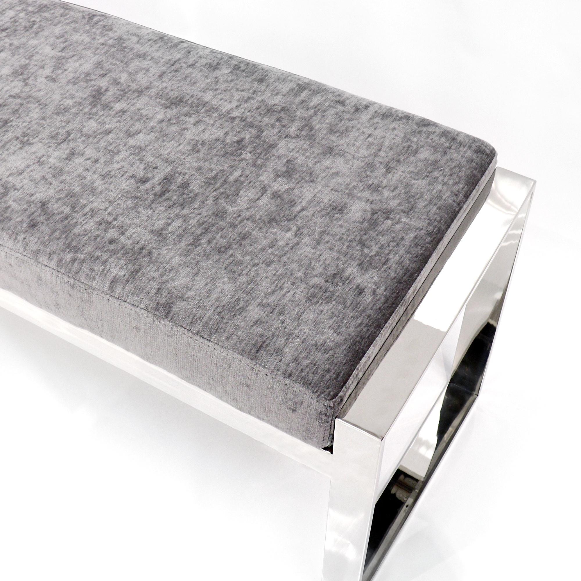 Pasargad Luxe Upholstered Bench - Gray/Chrome, Velvet/Stainless Steel