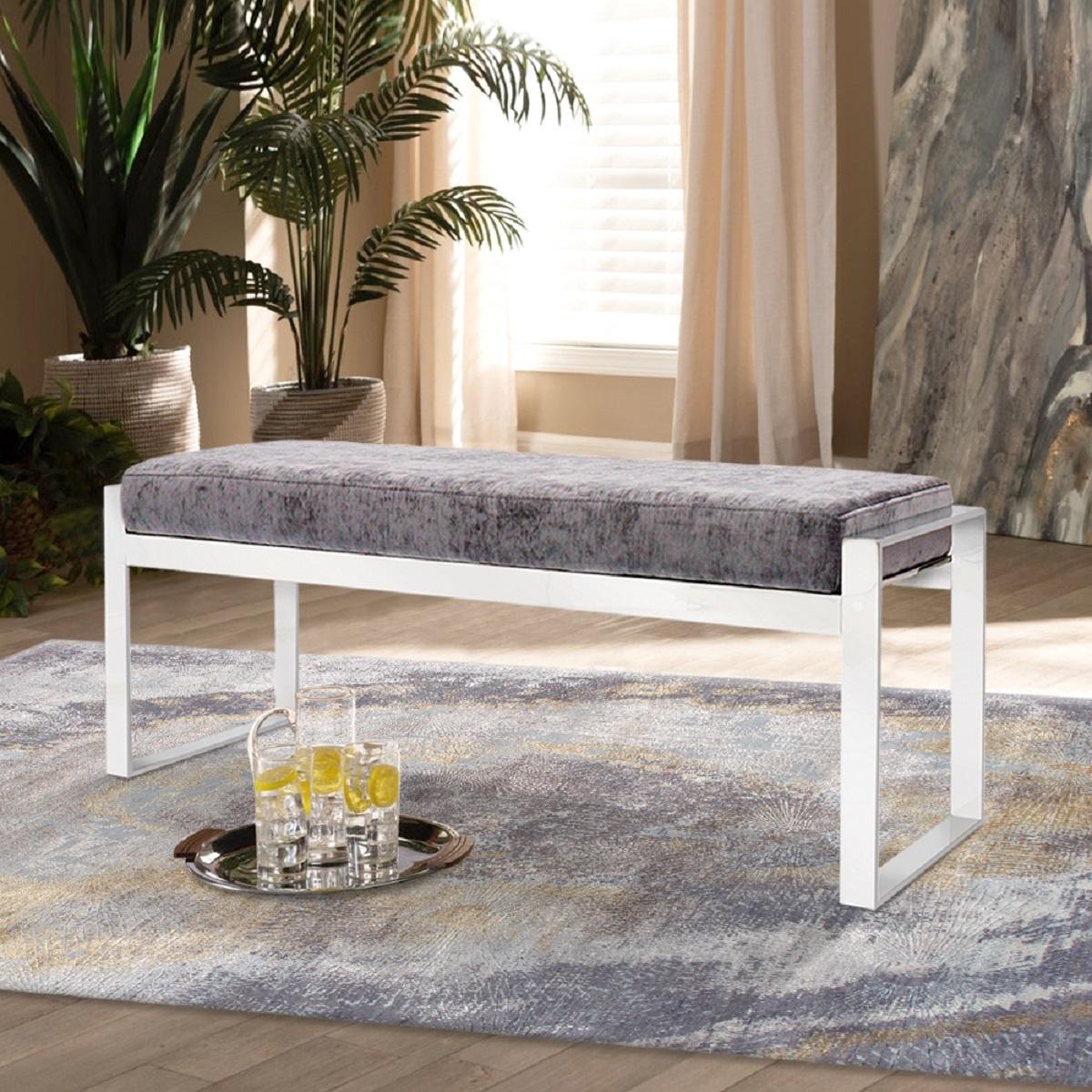 Pasargad Luxe Upholstered Bench - Gray/Chrome, Velvet/Stainless Steel