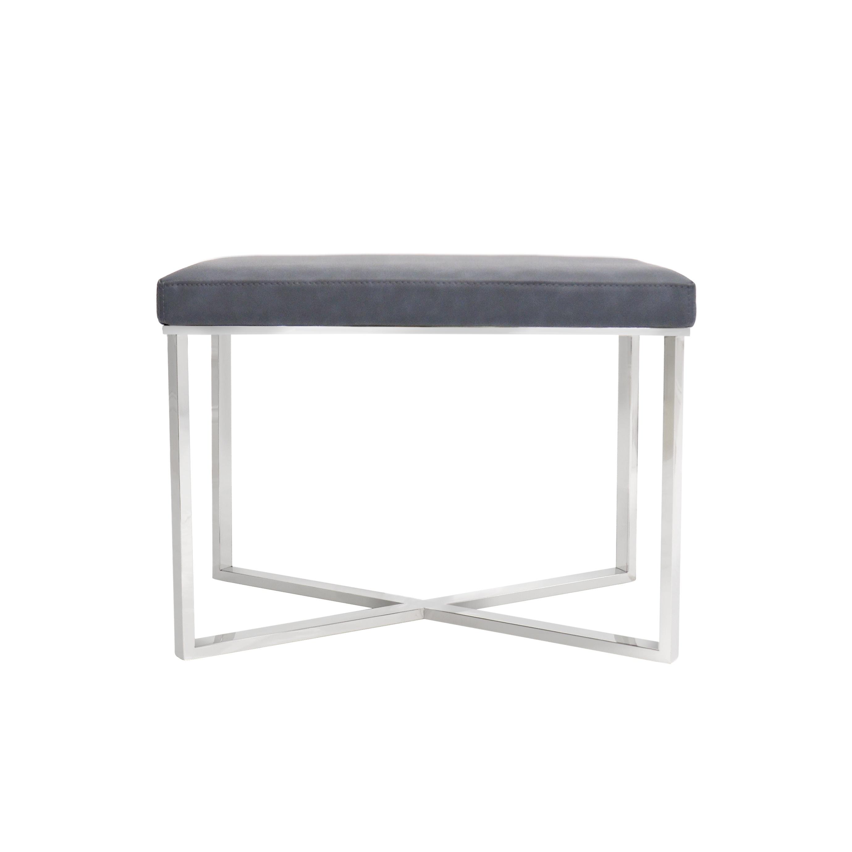 Pasargad - Luxe Upholstered Stool in Gray/Chrome, Faux Leather