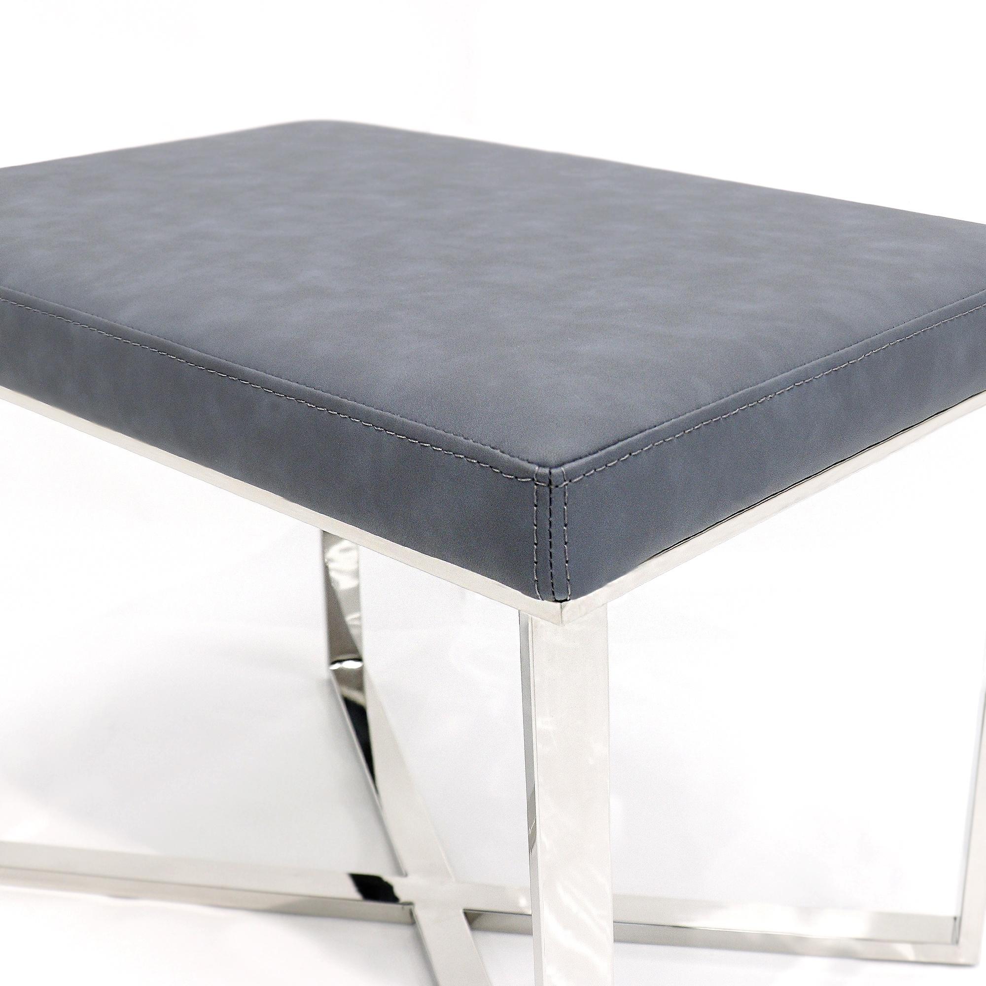 Pasargad - Luxe Upholstered Stool in Gray/Chrome, Faux Leather