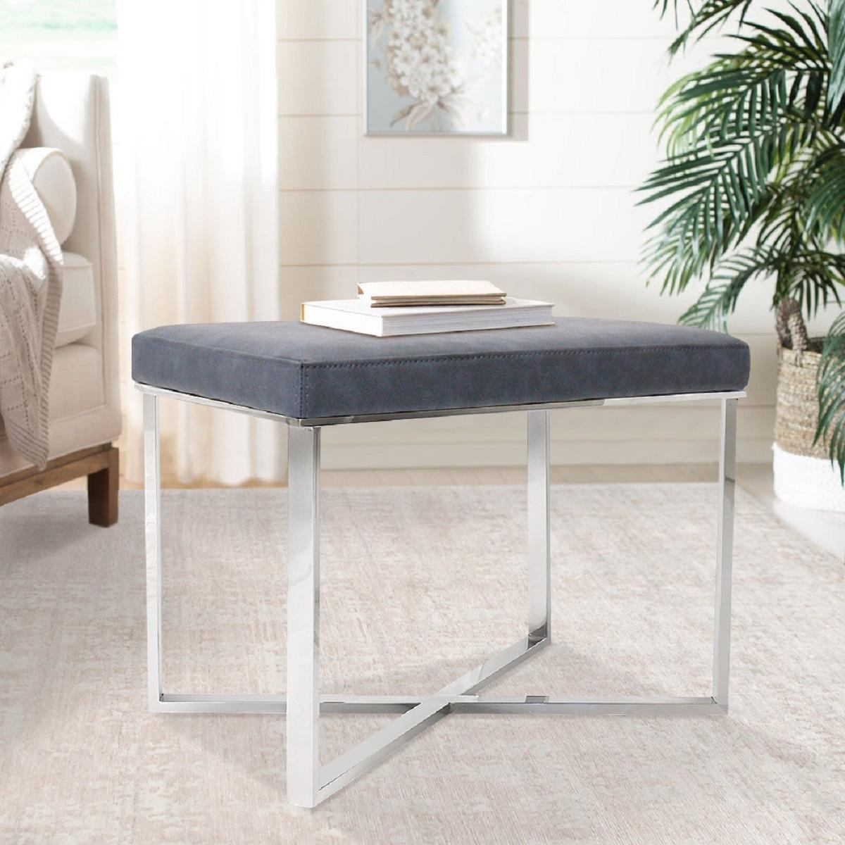 Pasargad - Luxe Upholstered Stool in Gray/Chrome, Faux Leather