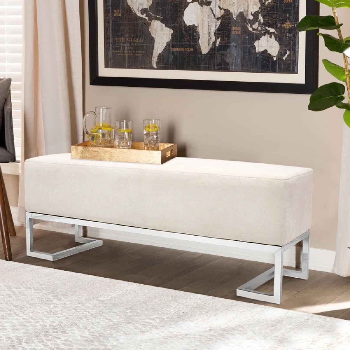 Pasargad Luxe Upholstered Bench - Ivory/Chrome, Polyester