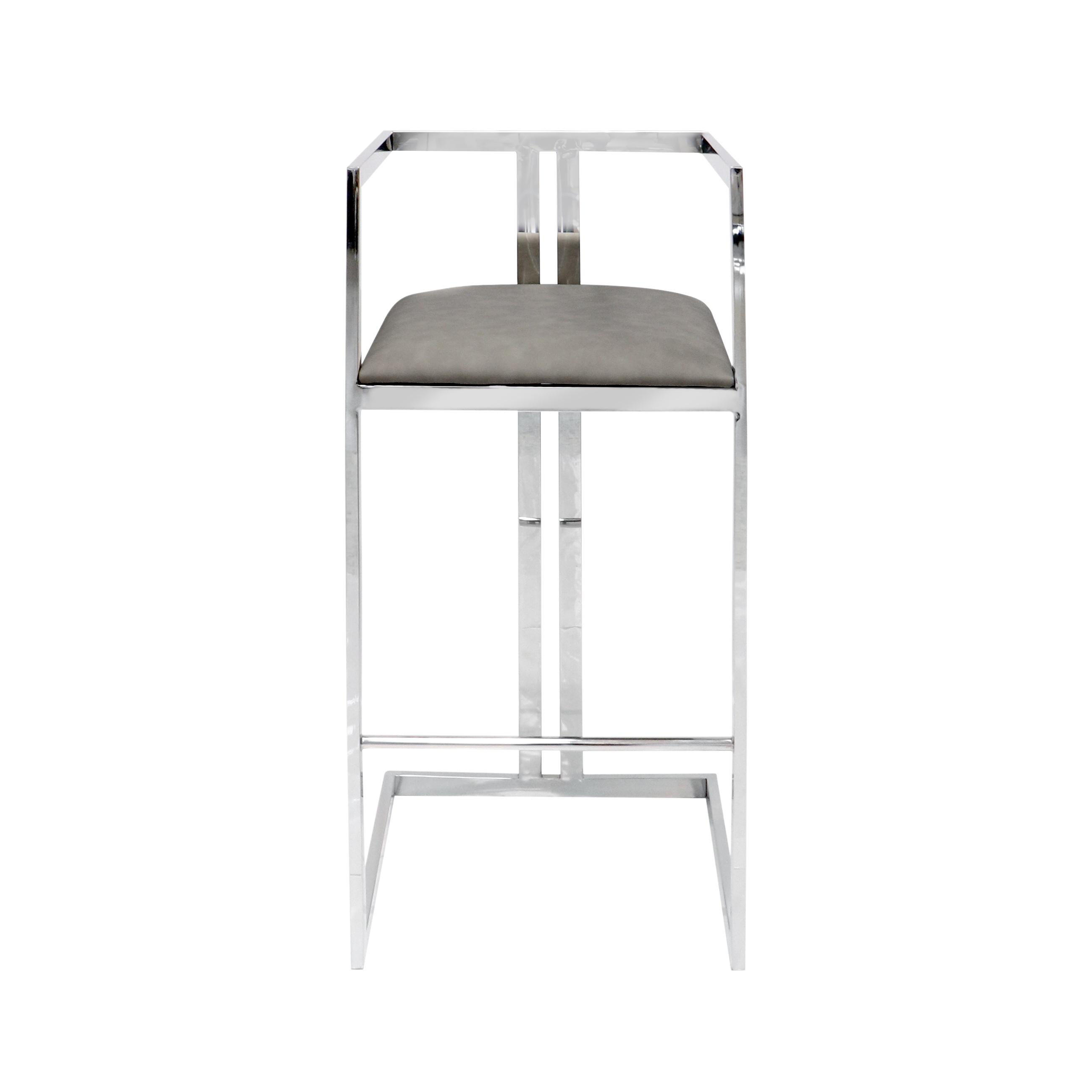 Pasargad - Luxe Upholstered Modern Bar Stool in Gray/Chrome, Faux Leather