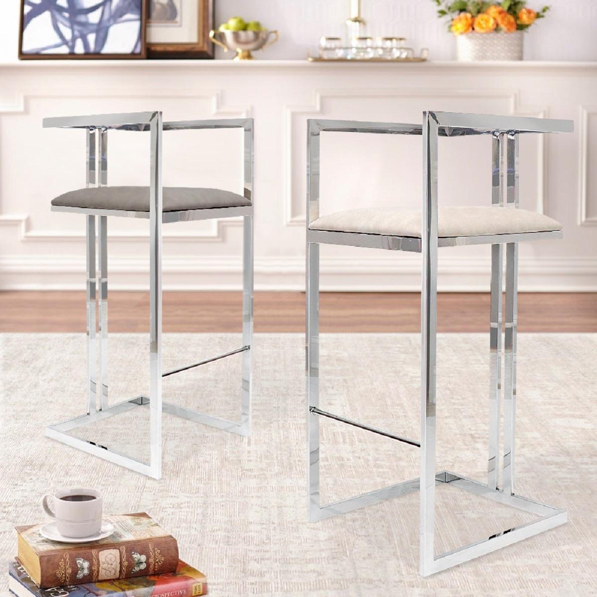 Pasargad - Luxe Upholstered Modern Bar Stool in Gray/Chrome, Faux Leather