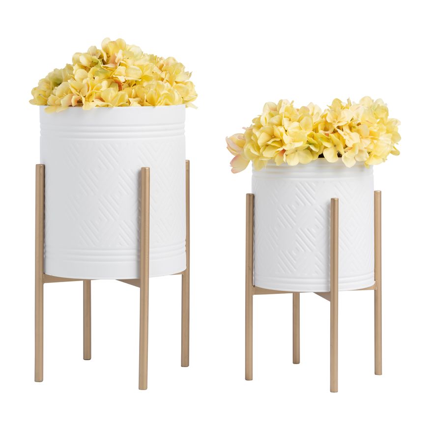 Sagebrook Aztec Planters On Metal Stand (Set Of 2) - White/Gold