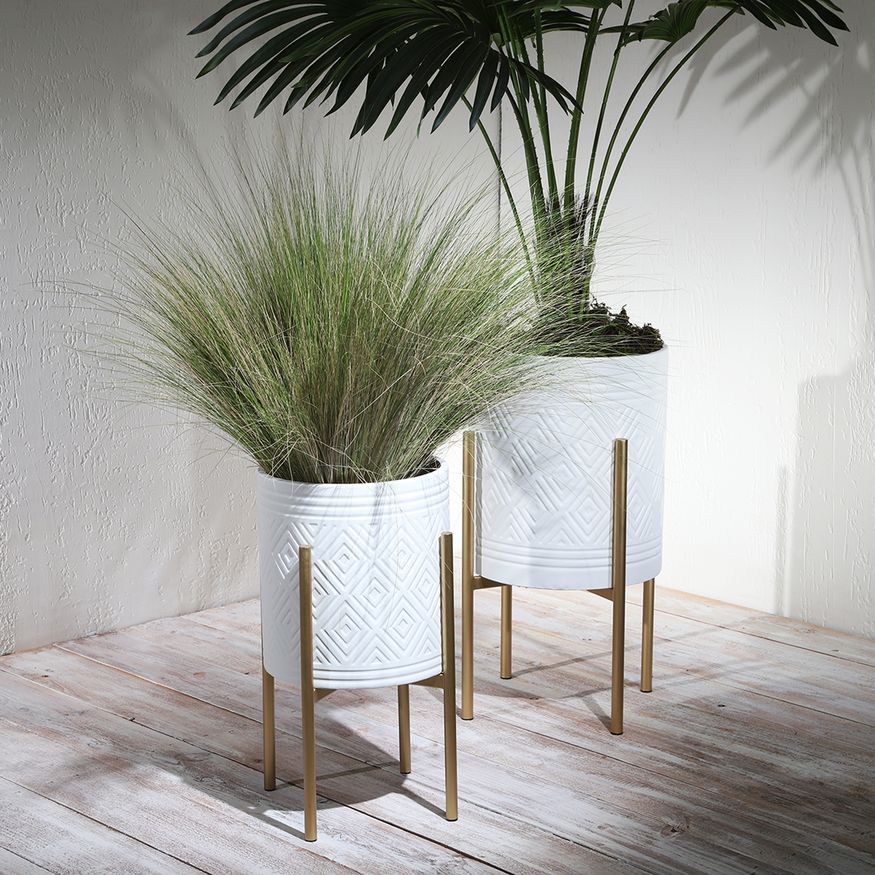 Sagebrook Aztec Planters On Metal Stand (Set Of 2) - White/Gold