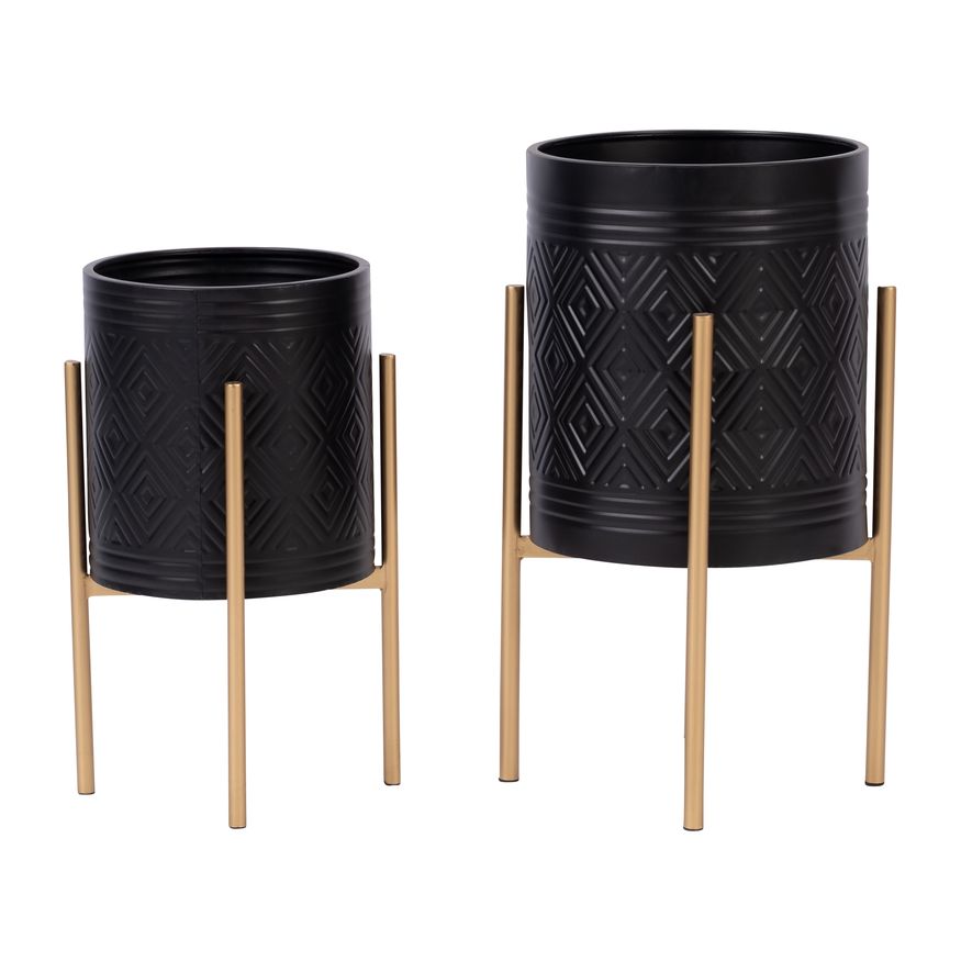 Sagebrook Aztec Planters On Metal Stand (Set Of 2) - Black/Gold