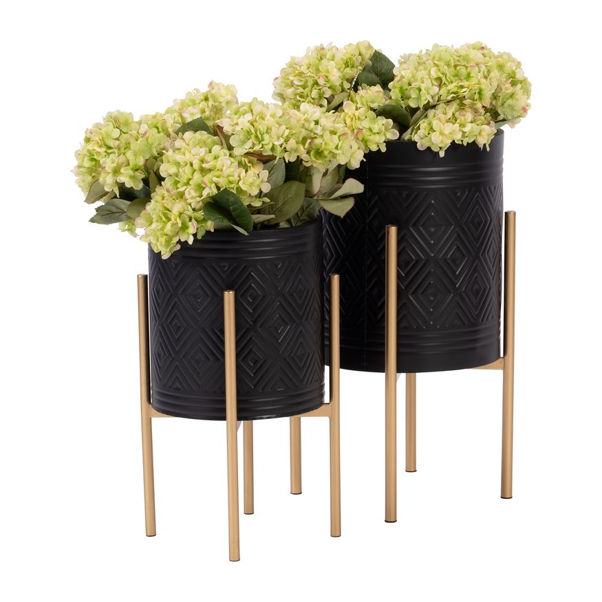 Sagebrook Aztec Planters On Metal Stand (Set Of 2) - Black/Gold