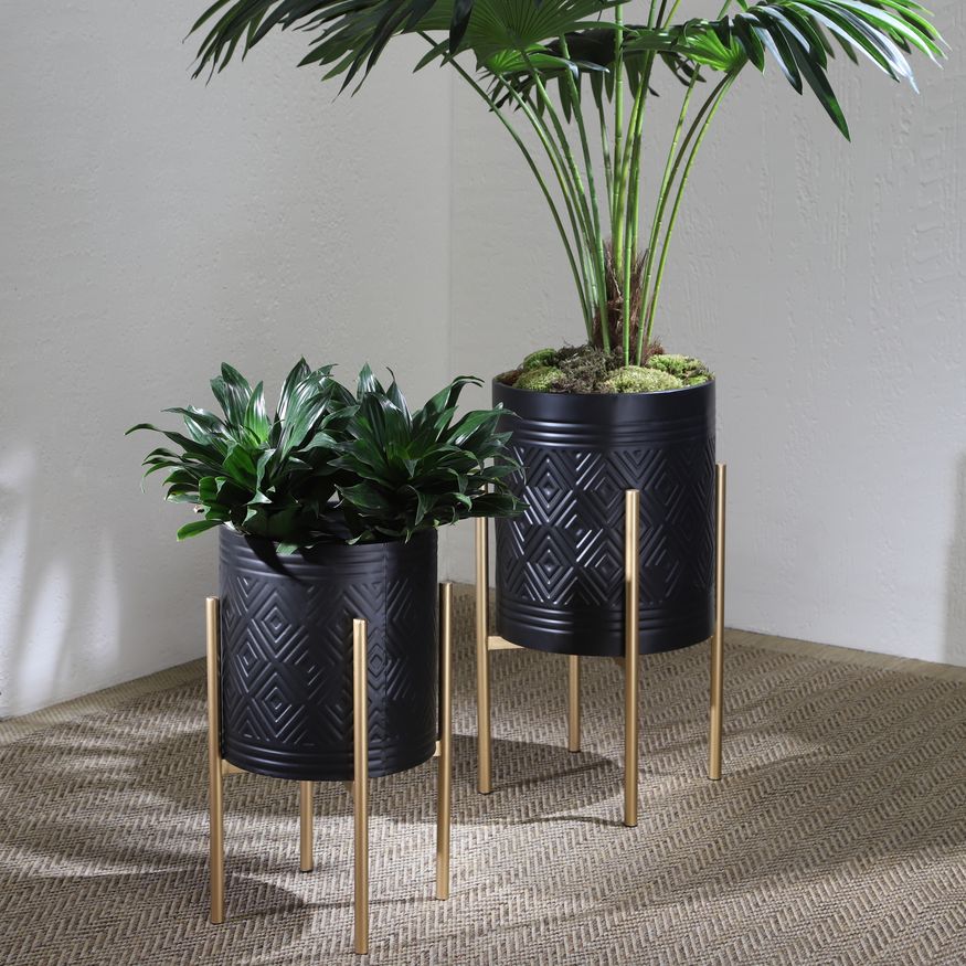 Sagebrook Aztec Planters On Metal Stand (Set Of 2) - Black/Gold