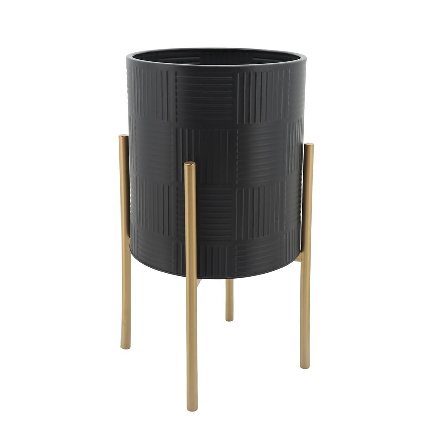 Sagebrook Planters With Lines On Metal Stand (Set Of 2) - Black/Gold