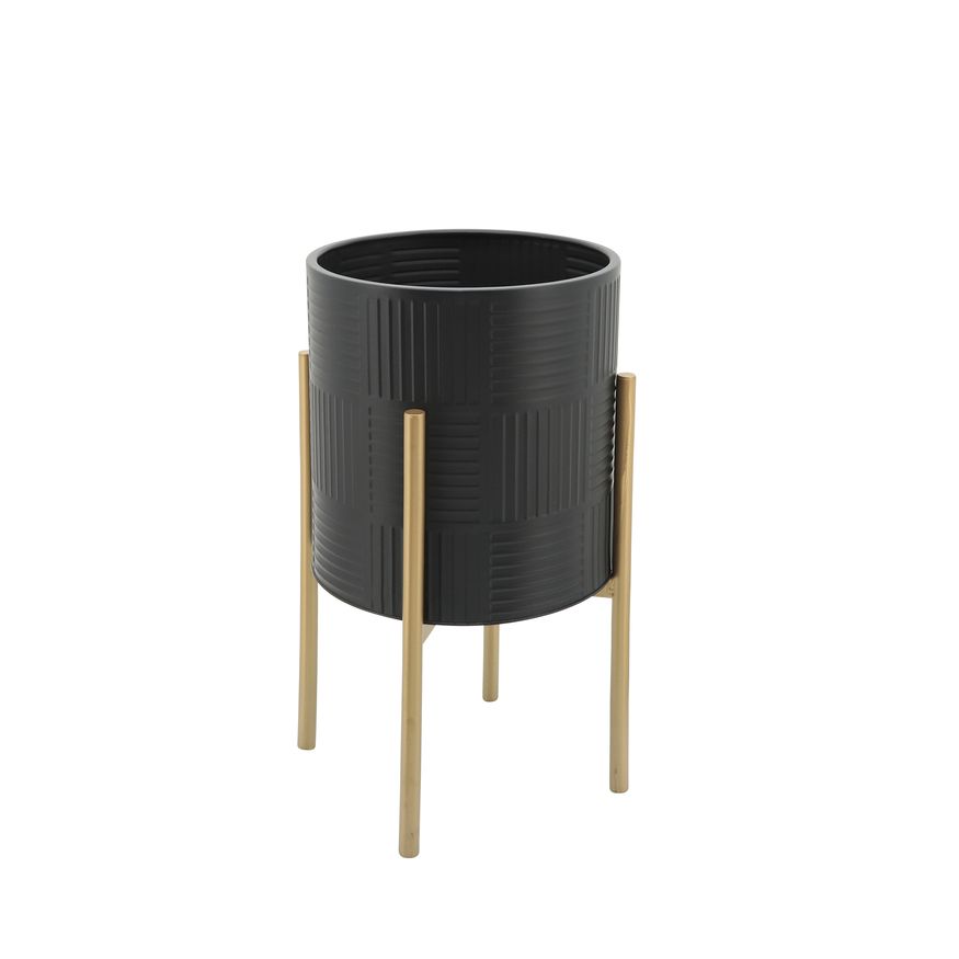 Sagebrook Planters With Lines On Metal Stand (Set Of 2) - Black/Gold