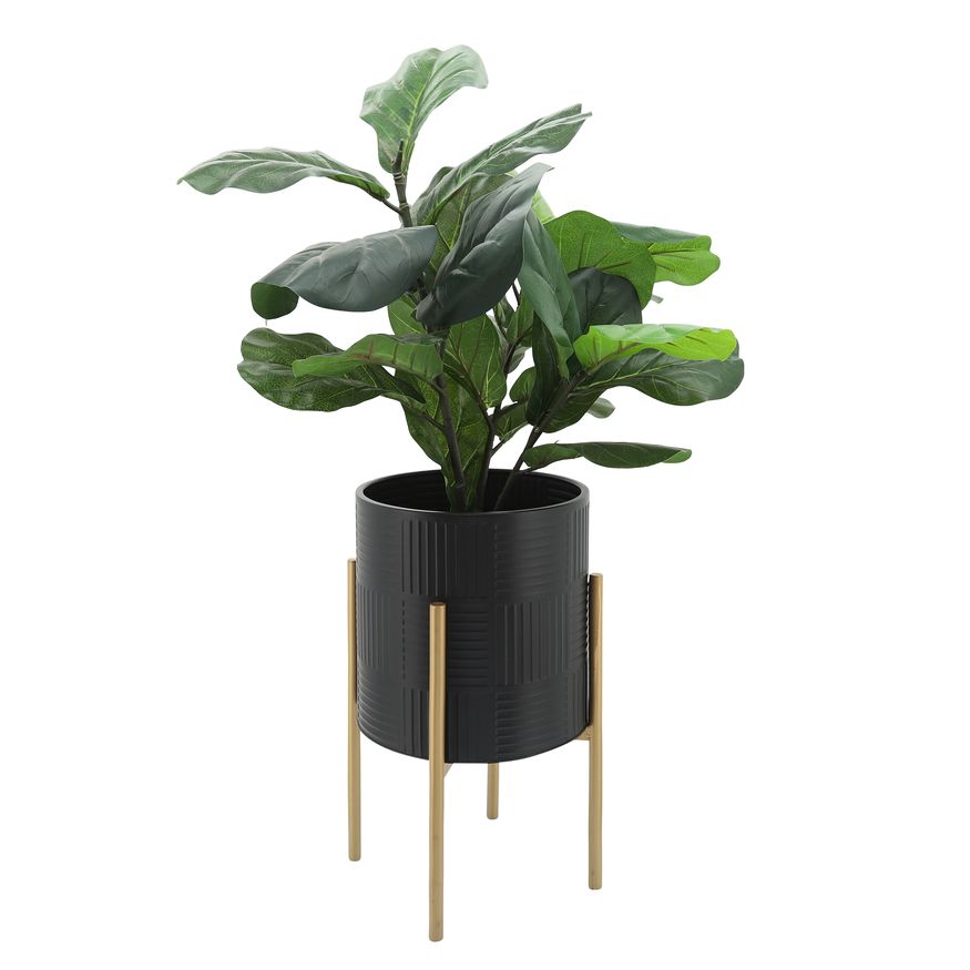 Sagebrook Planters With Lines On Metal Stand (Set Of 2) - Black/Gold