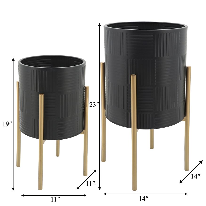 Sagebrook Planters With Lines On Metal Stand (Set Of 2) - Black/Gold