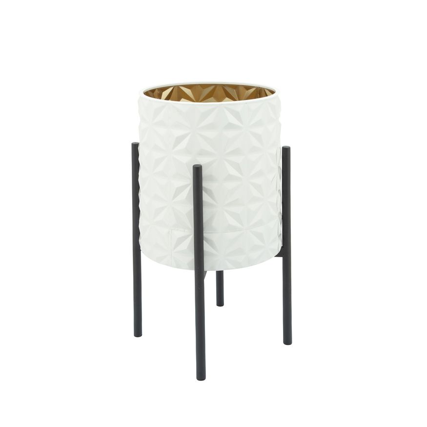 Sagebrook Aztec Planters On Metal Stand (Set Of 2) - White/Gold/Black