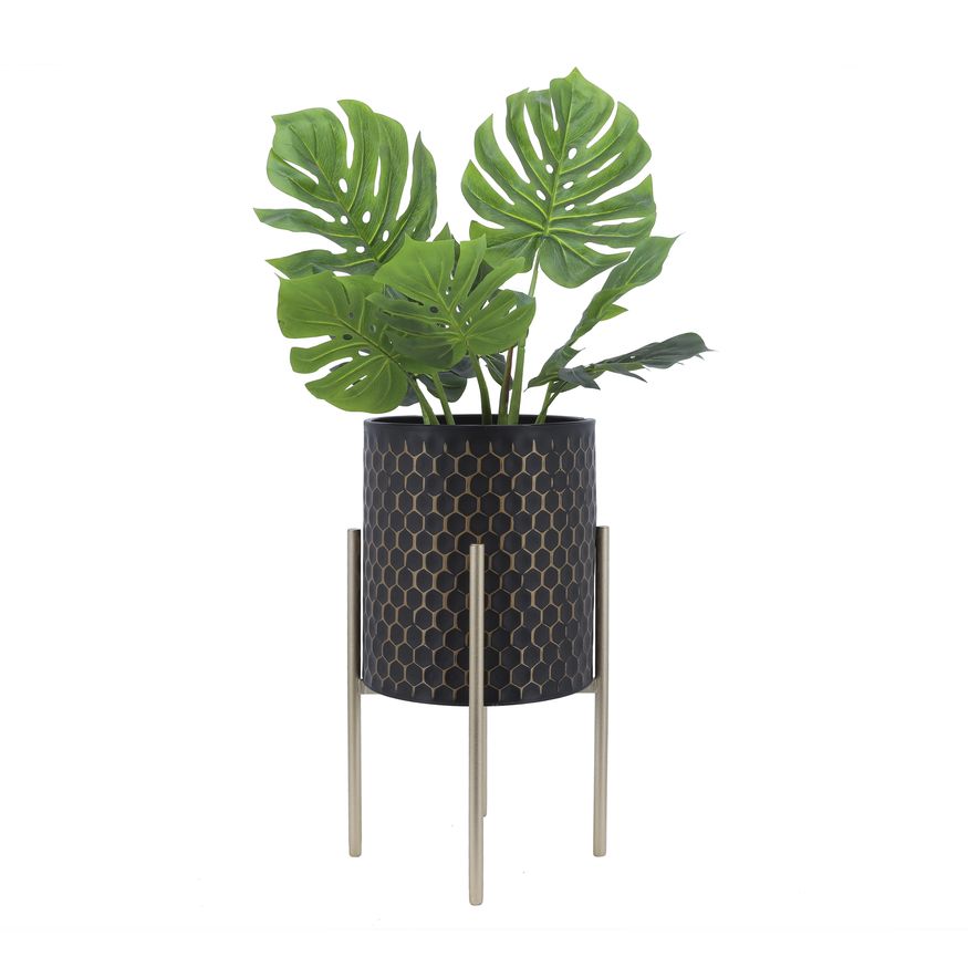 Sagebrook 3D Honeycomb Planters On Metal Stand (Set Of 2) - Black/Gold