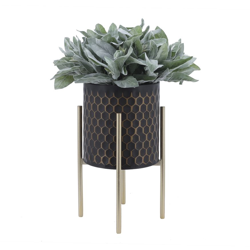 Sagebrook 3D Honeycomb Planters On Metal Stand (Set Of 2) - Black/Gold