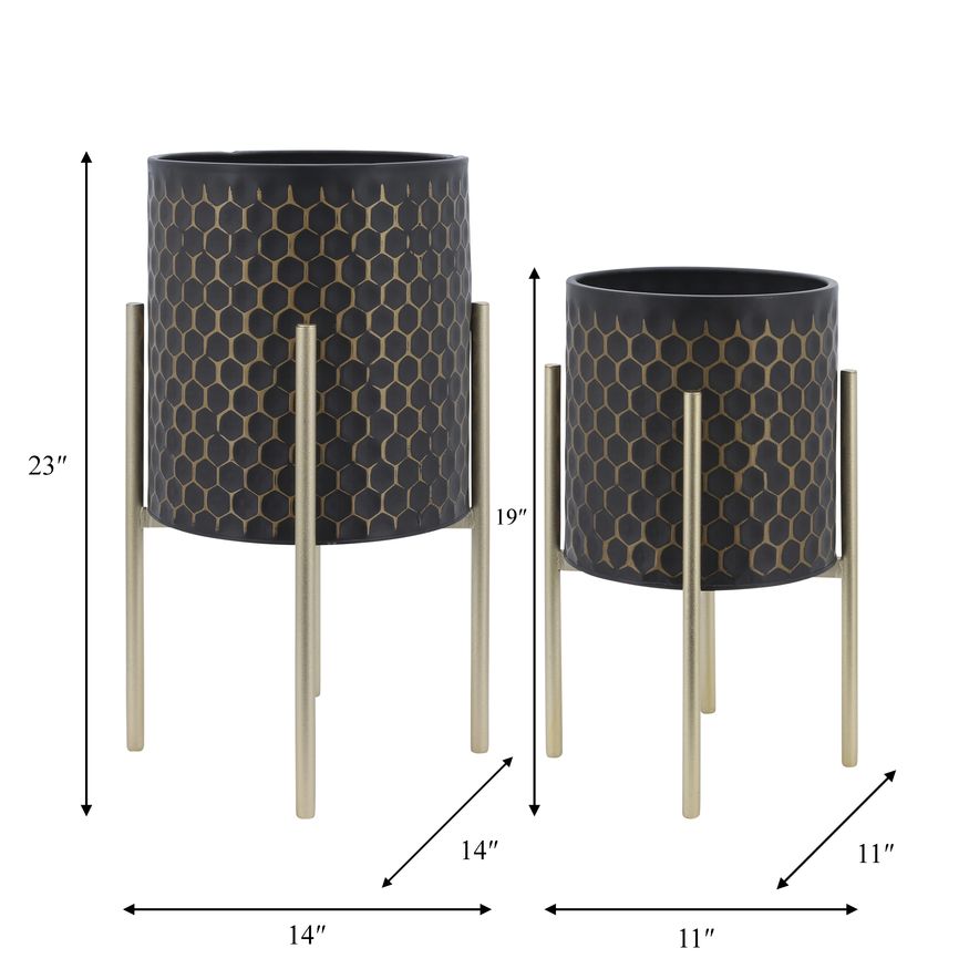 Sagebrook 3D Honeycomb Planters On Metal Stand (Set Of 2) - Black/Gold