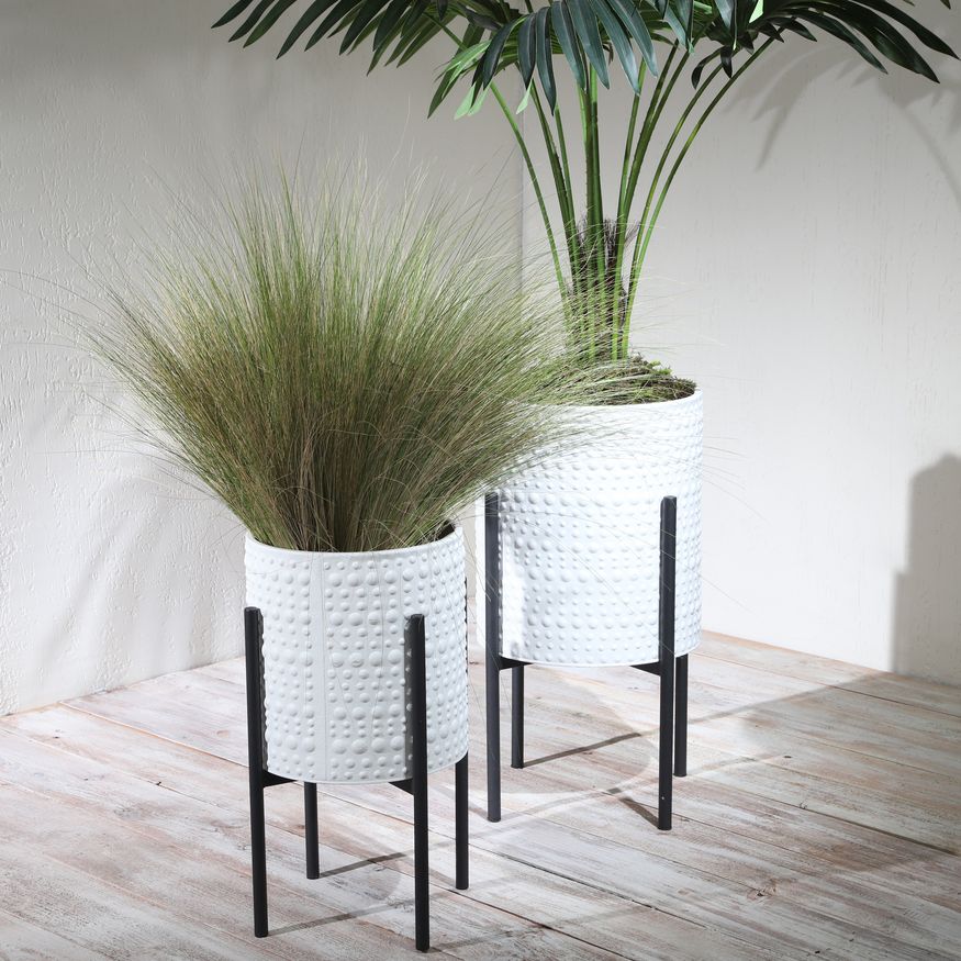 Sagebrook Dotted Planters In Metal Stand (Set Of 2) - White