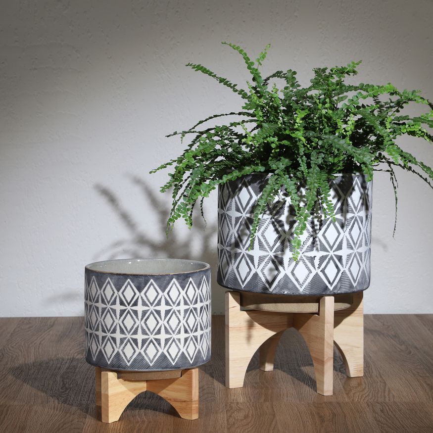 Sagebrook Ceramic Planters On Stand (Set Of 2) - Gray