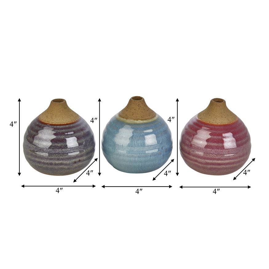 Sagebrook Glazed Bud Vases (Set Of 3) - Purple/Blue/Pink