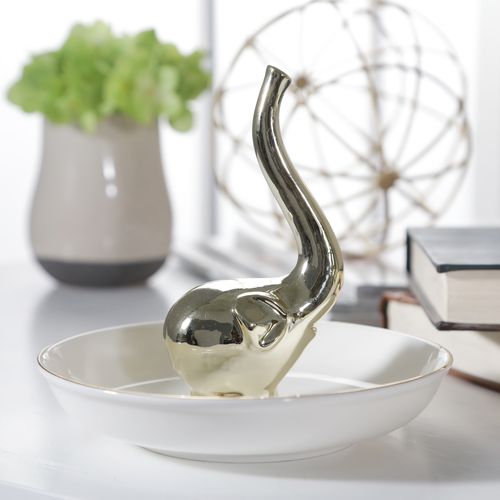 Sagebrook 6" Ceramic Elephant Ring Holder - White/Gold