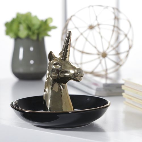 Sagebrook 6" Ceramic Unicorn Trinket Tray - Black/Gold