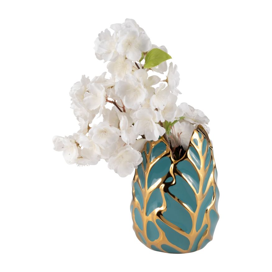 Sagebrook 8" Ceramic Leaf Vase - Turquoise/Gold