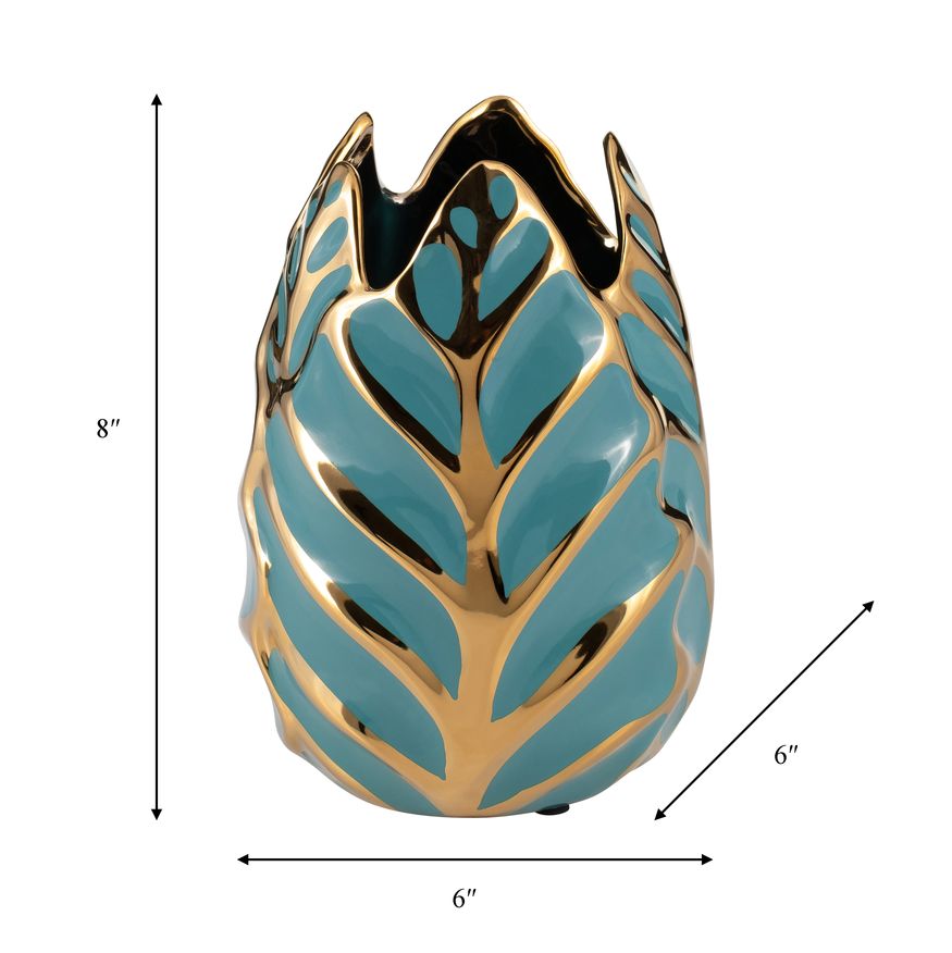 Sagebrook 8" Ceramic Leaf Vase - Turquoise/Gold