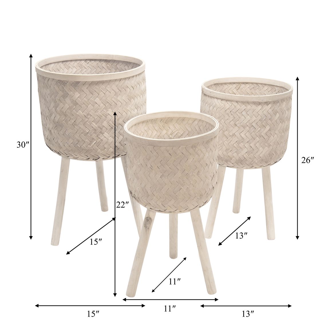 Sagebrook Bamboo Planters (Set Of 3) - White Wash