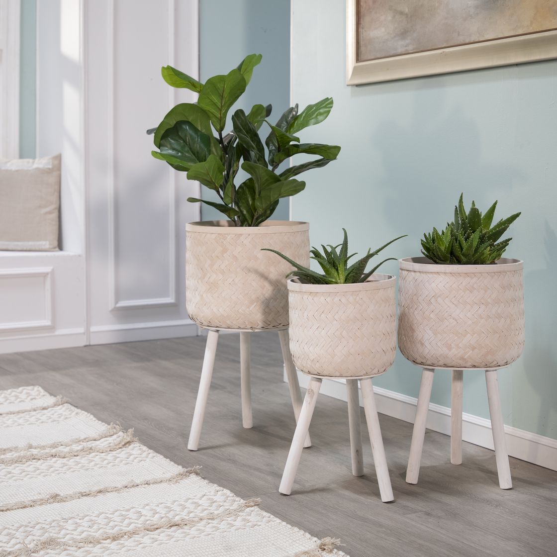 Sagebrook Bamboo Planters (Set Of 3) - White Wash