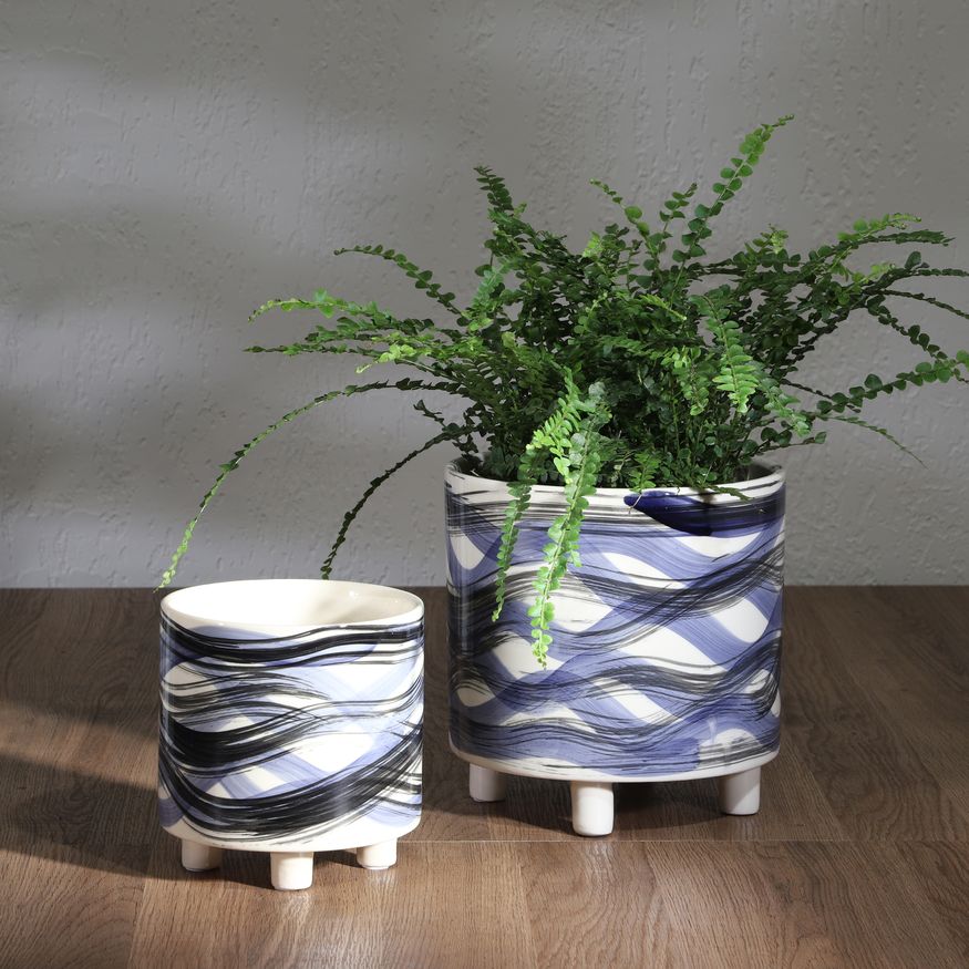 Sagebrook 9"/6" Footed Planters (Set Of 2) - Abstract Blue