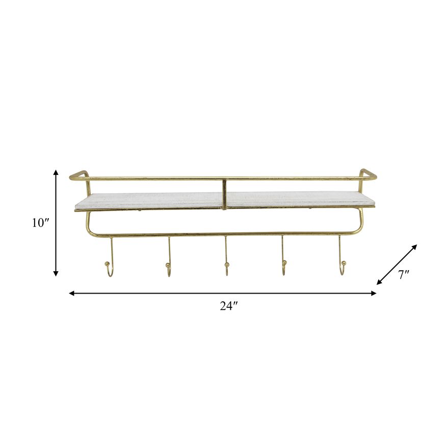 Sagebrook Metal/Wood 5 Hook Large Wall Shelf - White/Gold