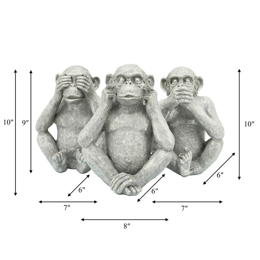 Sagebrook - Polyresin Hear No, See No Speak, No Monkeys (Set Of 3) in Silver