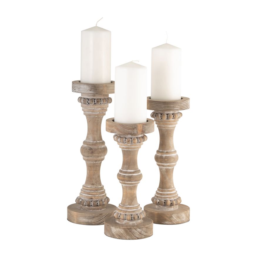 Sagebrook 14" Wood Banded Bead Candle Holder - Antique White