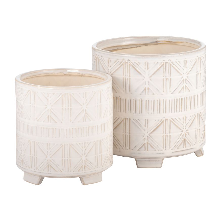 Sagebrook 6"/8" Ceramic Abstract Footed Planters (Set Of 2) - Beige